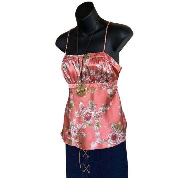VINTAGE Self Esteem Y2K Floral Satin Cami Pink Rose Print Adjustable Straps - Picture 2 of 7